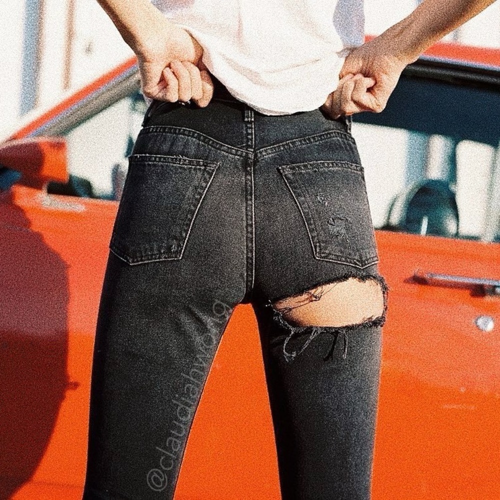 GRLFRND Ripped High Rise Button Fly Jeans in Grey Black